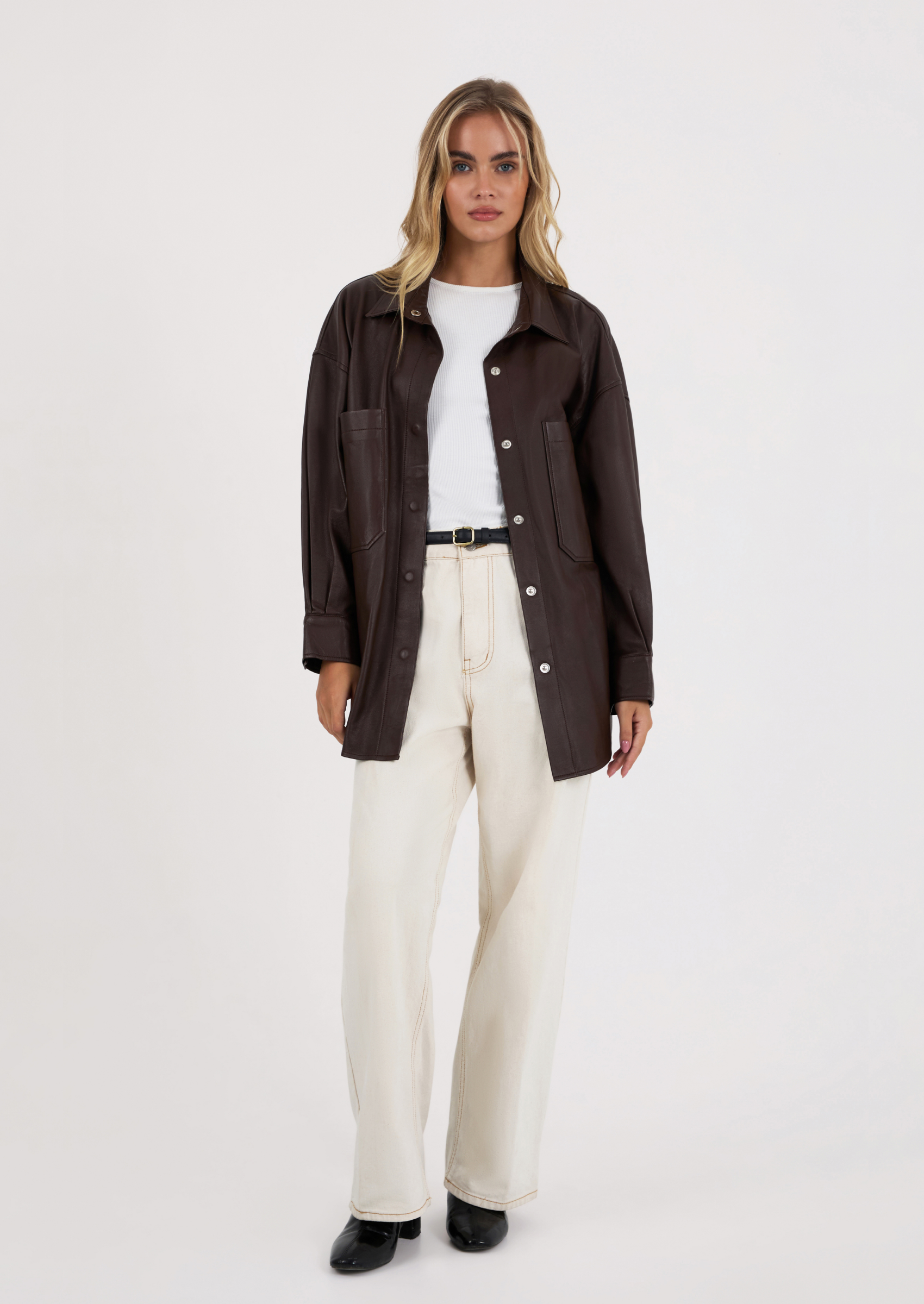 Women's Half sleeves Smooth soft choclate colour Leather Shirt