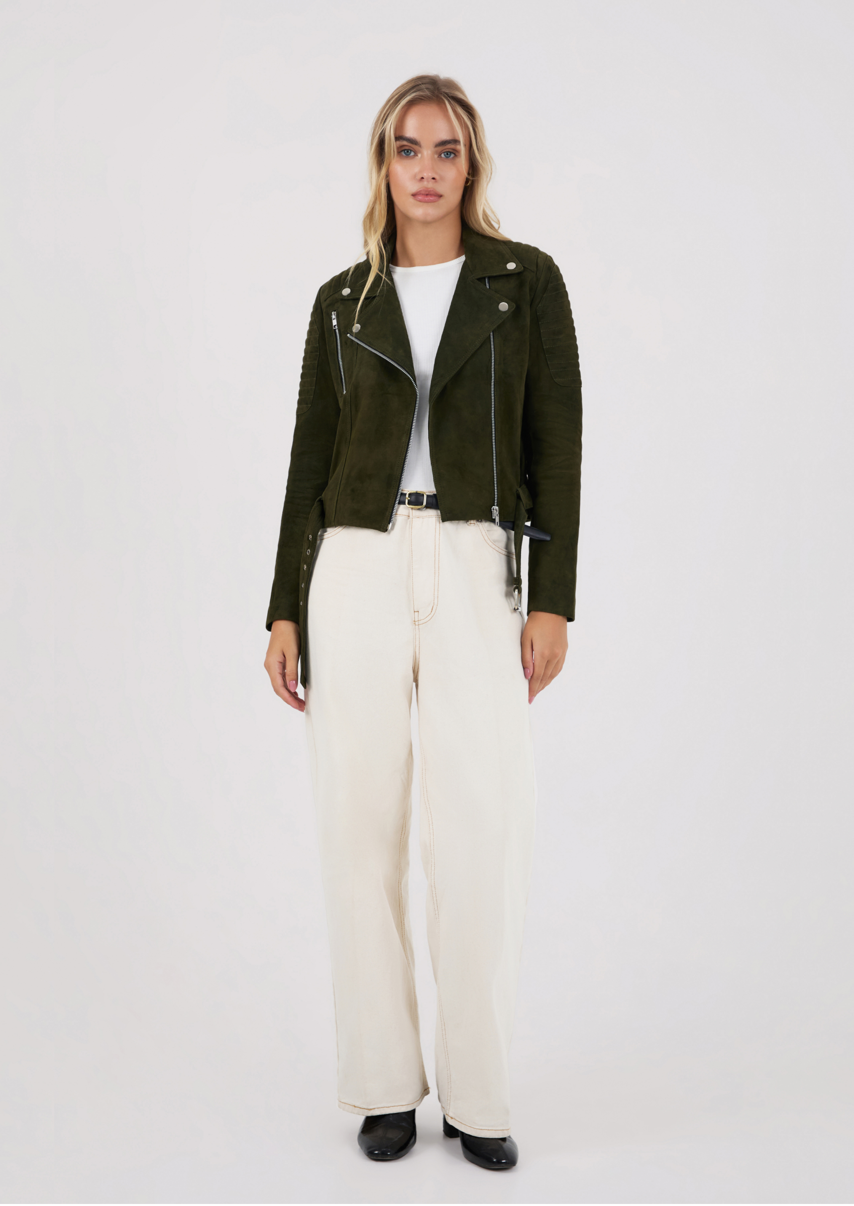 Junia Suede Leather Jacket - Olive Green | Apostl