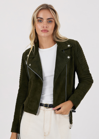Junia Suede Leather Jacket - Olive Green
