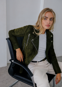 Junia Suede Leather Jacket - Olive Green