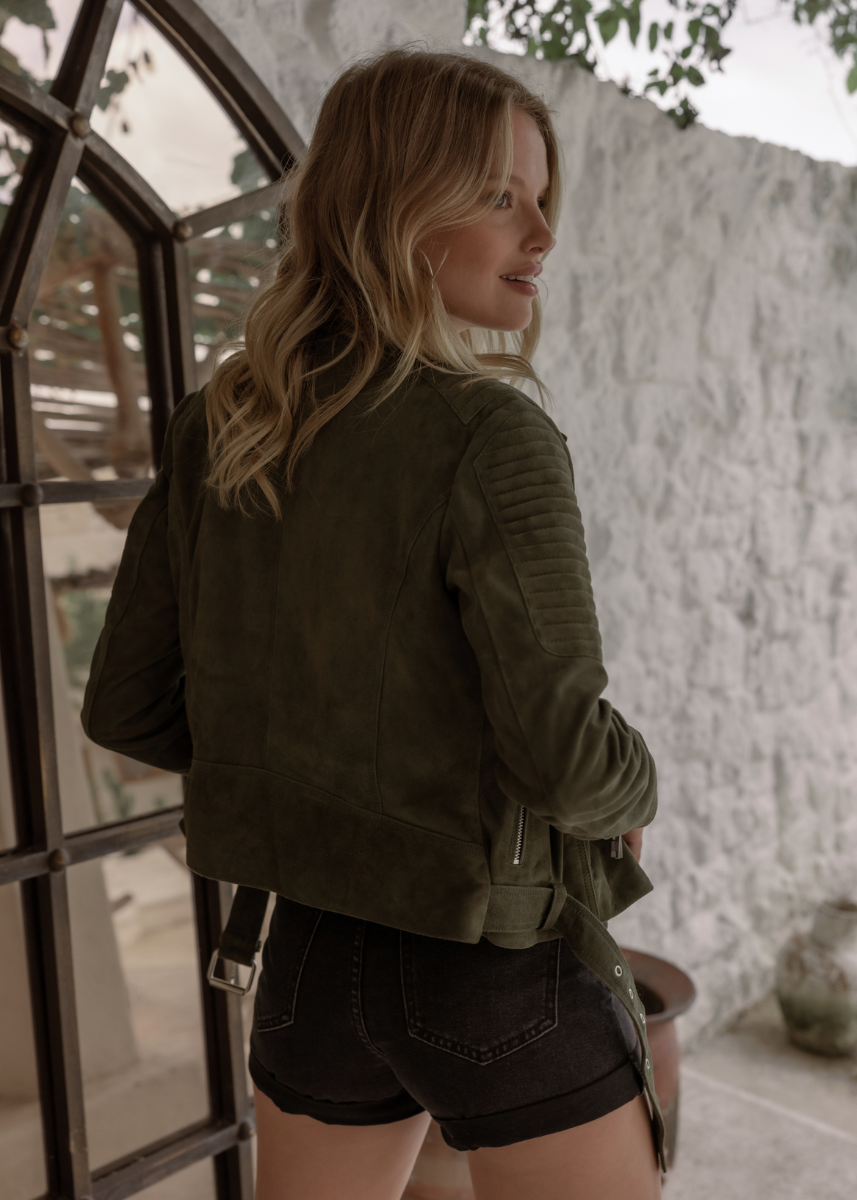 Green suede jacket best sale womens